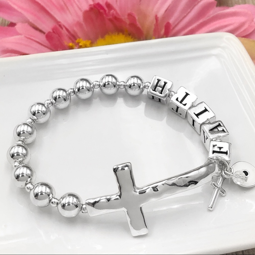 Faith Cross Silver Beaded Stretch Bracelet